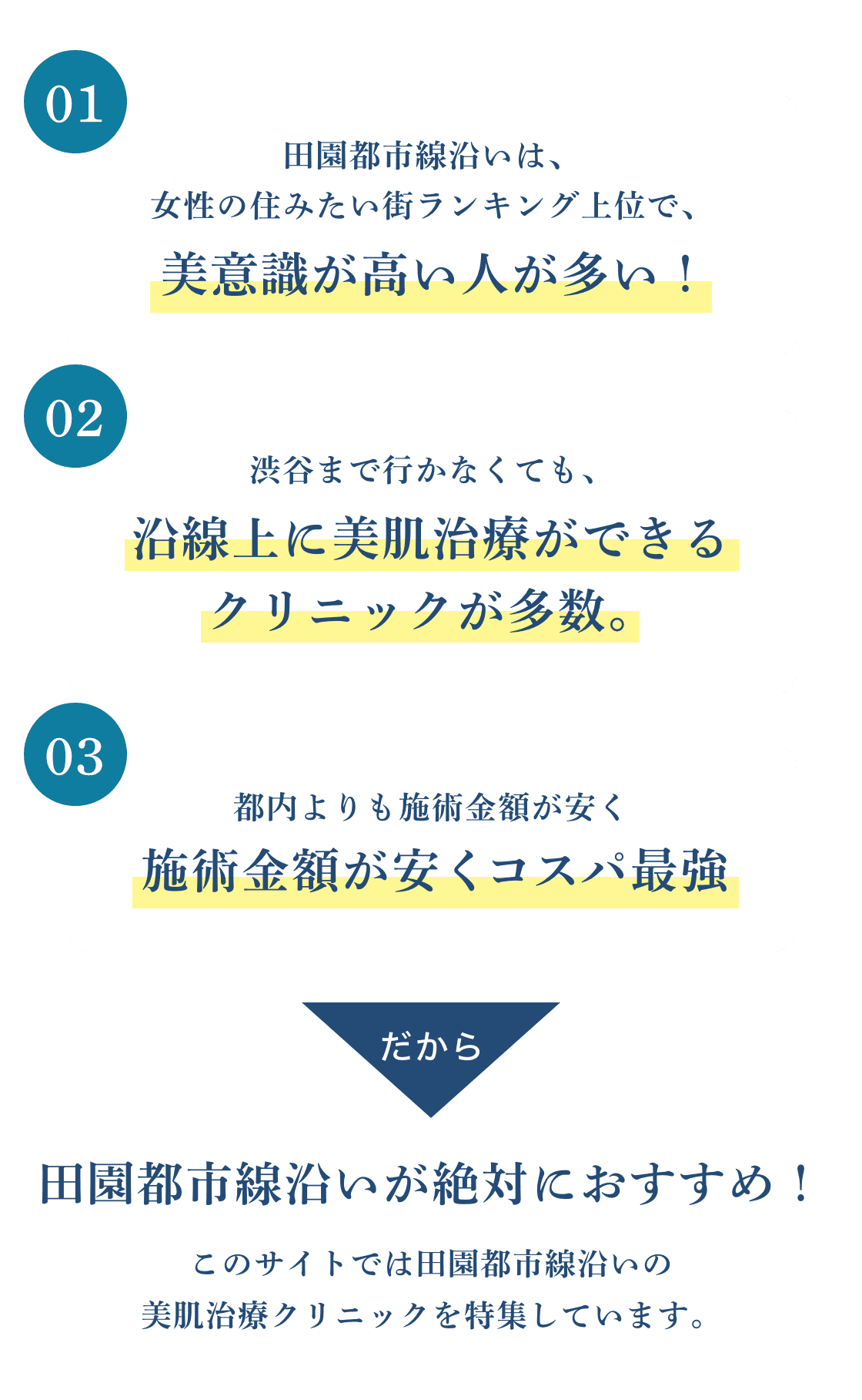 田園都市線沿いは、女性の住みたい街ランキング上位で、美意識が高い人が多い！渋谷まで行かなくても、沿線上に美肌治療ができるクリニックが多数。都内よりも施術金額が安く施術金額が安くコスパ最強。だから田園都市線沿いが絶対におすすめ！